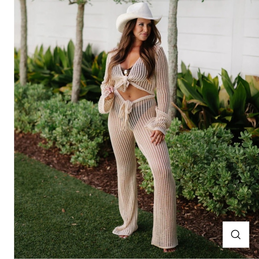 Ocean Drive Beige Crochet Wide-Leg Jumpsuit Set